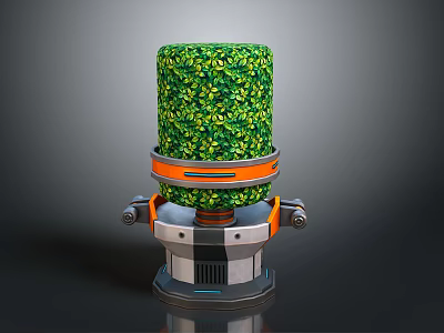 Cylindrical Green Foliage Device With Mechanical Base And Orange Ring 3d model