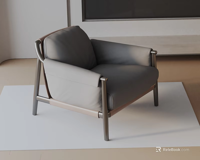 Gray Accent Chair With Metal Frame Padded Seat On White Rug Modern Interior 3d model 