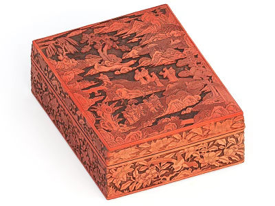 Red Carved Ceramic Box With Intricate Floral And Landscape Patterns 3d model