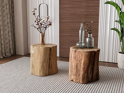 Natural Wood Tree Stump Side Tables with Vases and Flowers in Living Room Interior 3d model