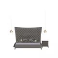 Luxurious Grey Double Bed With Tufted Headboard Bedside Tables Pillows And Gold Pendant Lights