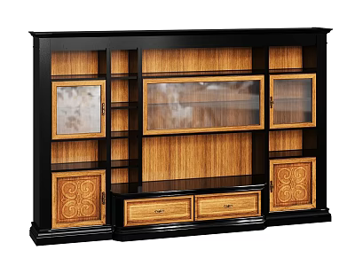 Elegant TV Cabinet With Dark Frame Wooden Panels Glass Doors Drawers And Decorative Patterns 3d model