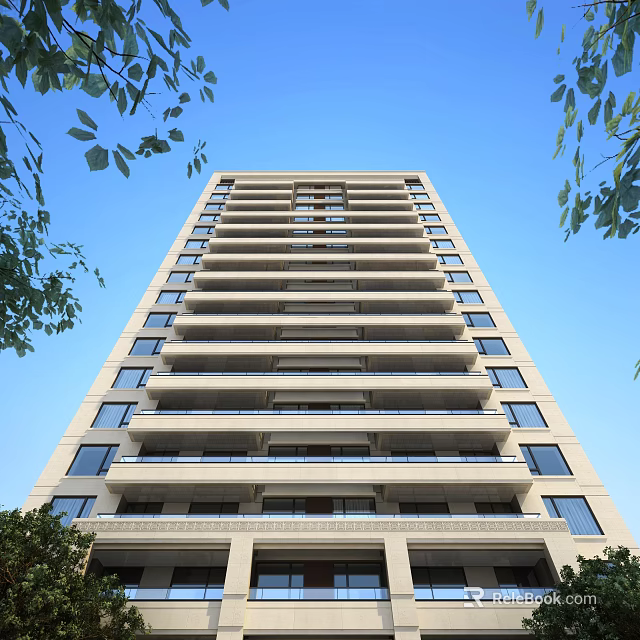 Modern High Rise Residential Building with Balconies Light Facade Against Blue Sky and Green Foliage 3d model 