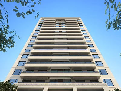 Modern High Rise Residential Building with Balconies Light Facade Against Blue Sky and Green Foliage 3d model