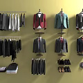 Elegant Clothing Collection Suits Coats Shirts Hanging On Racks And Mannequins With Shoes And Hat