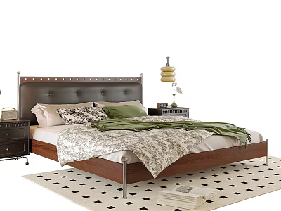 Double Bed With Black Leather Riveted Headboard Green Pillows And Checkered Rug 3d model