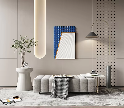 Elegant Modern Gray Upholstered Sofa Bench With Side Table Art And Floor Lamp In Living Space 3d model