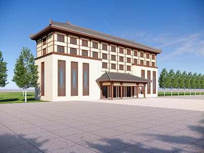 Chinese Style Office Building With Traditional Roof Beige Brown Exterior Front Square And Surrounding Trees 3d model
