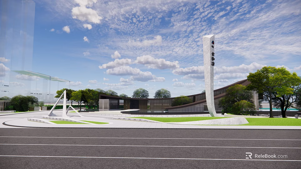 Modern Sales Office Building With Curved Architecture Landscaped Square And Signature Column 3d model 