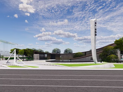 Modern Sales Office Building With Curved Architecture Landscaped Square And Signature Column 3d model