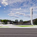 Modern Sales Office Building With Curved Architecture Landscaped Square And Signature Column