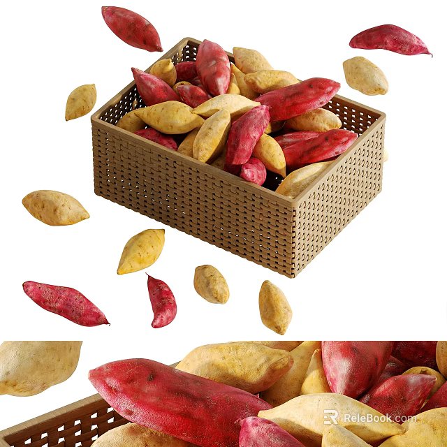 Sweet Potatoes In And Around A Woven Basket 3d model