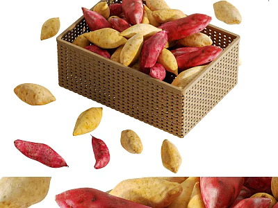 Sweet Potatoes In And Around A Woven Basket 3d model