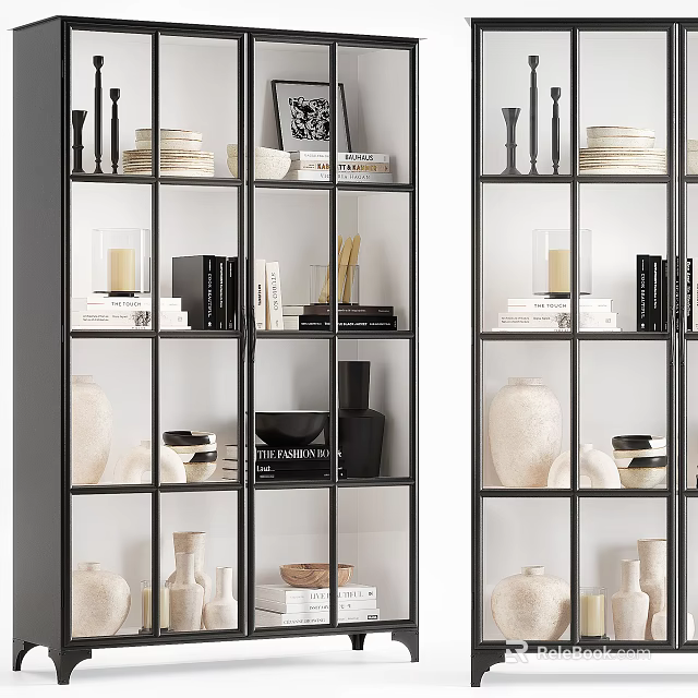Modern Minimalist Shelving Unit With Decorative Vases Books Plates And Grid Design 3d model 