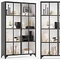 Modern Minimalist Shelving Unit With Decorative Vases Books Plates And Grid Design