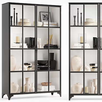 Modern Minimalist Shelving Unit With Decorative Vases Books Plates And Grid Design 3d model