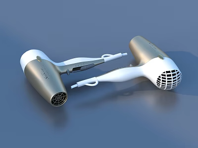 Two Modern White And Silver Hairdryers With Ergonomic Handles And Air Vents 3d model