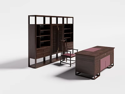 Traditional Chinese Dark Brown Wood Desk Chair Set With Bookcase And Cushioned Seat 3d model