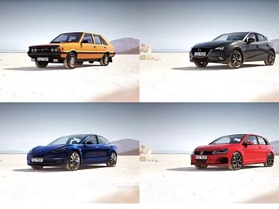 Four Different Colored Cars Parked On Desert Landscape With Mountains 3d model