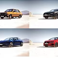 Four Different Colored Cars Parked On Desert Landscape With Mountains