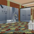 Modern Event Venue With Large LED Stage And White Cube Seats Under Blue Lighting