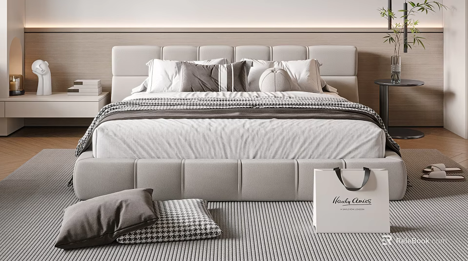 Modern Double Bed with Light Gray Headboard Multiple Pillows and Striped Bedspread 3d model