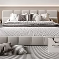 Modern Double Bed with Light Gray Headboard Multiple Pillows and Striped Bedspread 3d model