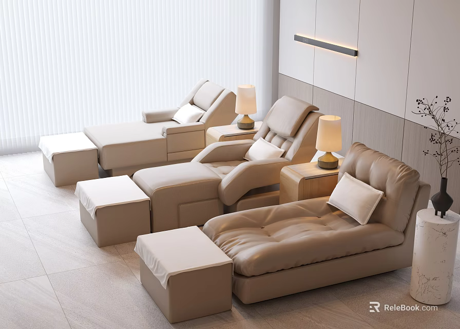 Modern Beige Leather Massage Chairs With Ottomans Lamps And Plants In Comfortable Room 3d model 
