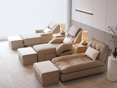 Modern Beige Leather Massage Chairs With Ottomans Lamps And Plants In Comfortable Room 3d model