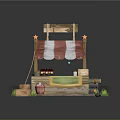 Rustic Wooden Food Stall With Red And White Striped Awning Crates And Bottles On Grass