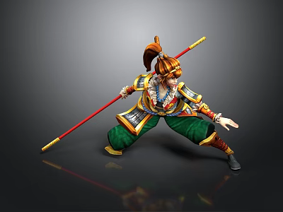 Mythical Warrior Character With Colorful Armor Red Staff And Green Pants 3d model