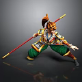 Mythical Warrior Character With Colorful Armor Red Staff And Green Pants
