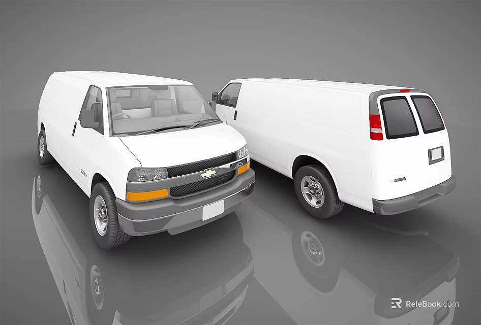 White Chevrolet Cargo Vans Front And Rear Views With Reflective Surfaces 3d model 