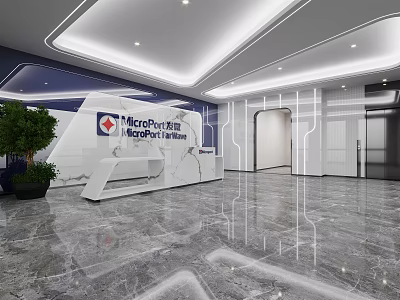 Modern Office Reception Desk in MicroPort Medical Lobby with Marble Floor Green Plant and Lighting 3d model