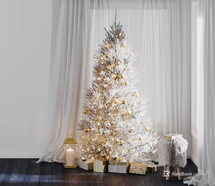 White Christmas Tree Decorated With Golden Ornaments And Gifts Beside Lantern White Curtains Background 3d model 