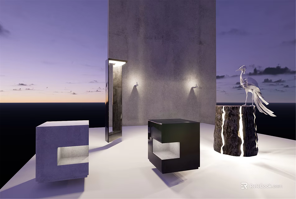 Modern Outdoor Lights With Wall Mounted And Floor Lamps In Twilight Concrete Setting 3d model 