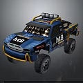 Blue Off Road Toy Truck With RT3 HTB Logos Orange Accents And Roof Spotlights