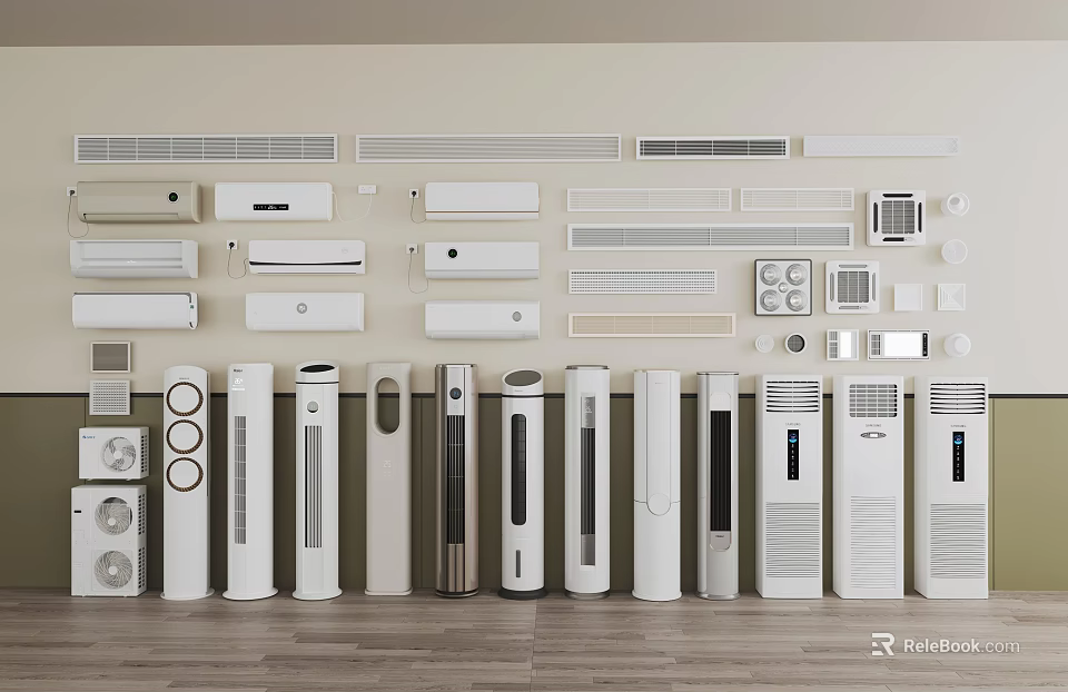 Variety of Air Conditioners and Fans on 3d model 