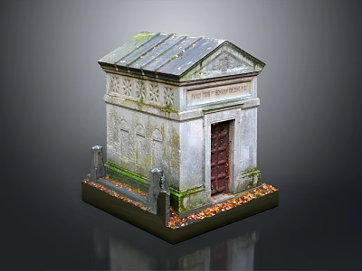 Detailed Stone Structure With Mossy Gray Roof Carved Walls Red Door And Leaf Base 3d model