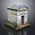 Detailed Stone Structure With Mossy Gray Roof Carved Walls Red Door And Leaf Base
