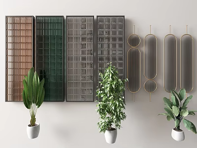Modern Room Dividers With Grid And Curved Designs And Potted Plants 3d model