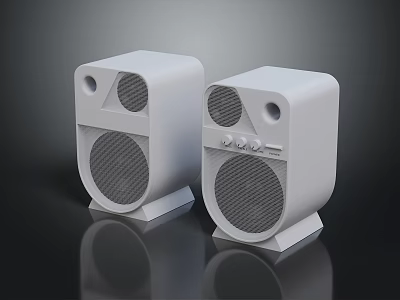 Modern White Pair of Stereo Speakers With Control Knobs and Speaker Grilles 3d model