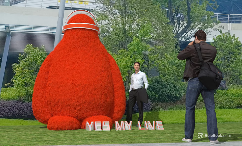 Giant Red Plant Shaped Garden Ornament with People Taking Photos in Outdoor Park 3d model 