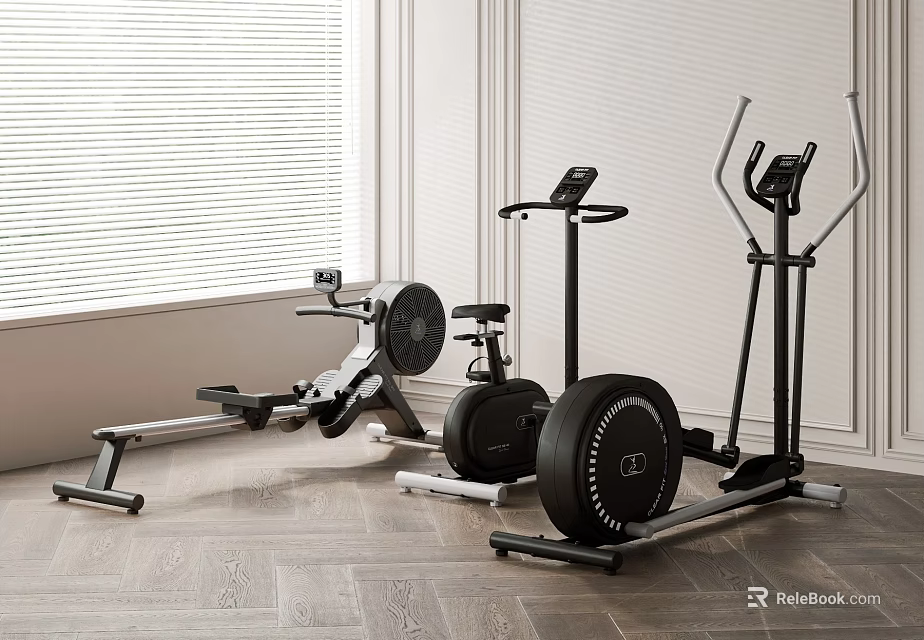 Modern Gym Sports Equipment with Rowing Machine Exercise Bike and Elliptical Trainer on Wooden Floor 3d model 