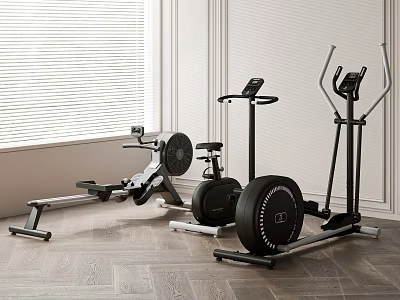 Modern Gym Sports Equipment with Rowing Machine Exercise Bike and Elliptical Trainer on Wooden Floor 3d model