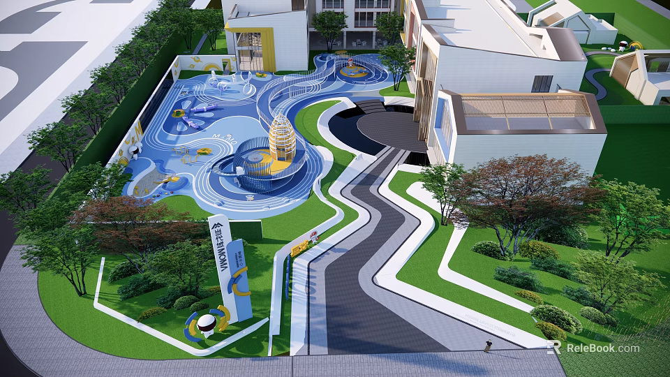 Children's Play Area Featuring Wavy Blue Ground Yellow Structure Green Lawns And Trees 3d model 