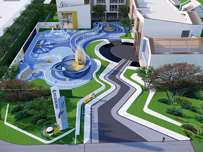 Children's Play Area Featuring Wavy Blue Ground Yellow Structure Green Lawns And Trees 3d model