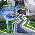 Children's Play Area Featuring Wavy Blue Ground Yellow Structure Green Lawns And Trees