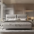 Modern Double Bed With Leather Headboard And Nightstand Lamp Near Large Window White Curtains