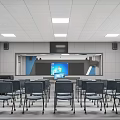 Modern School Classroom Interior With White Desks Chairs Large Screen And Hexagonal Ceiling Lights